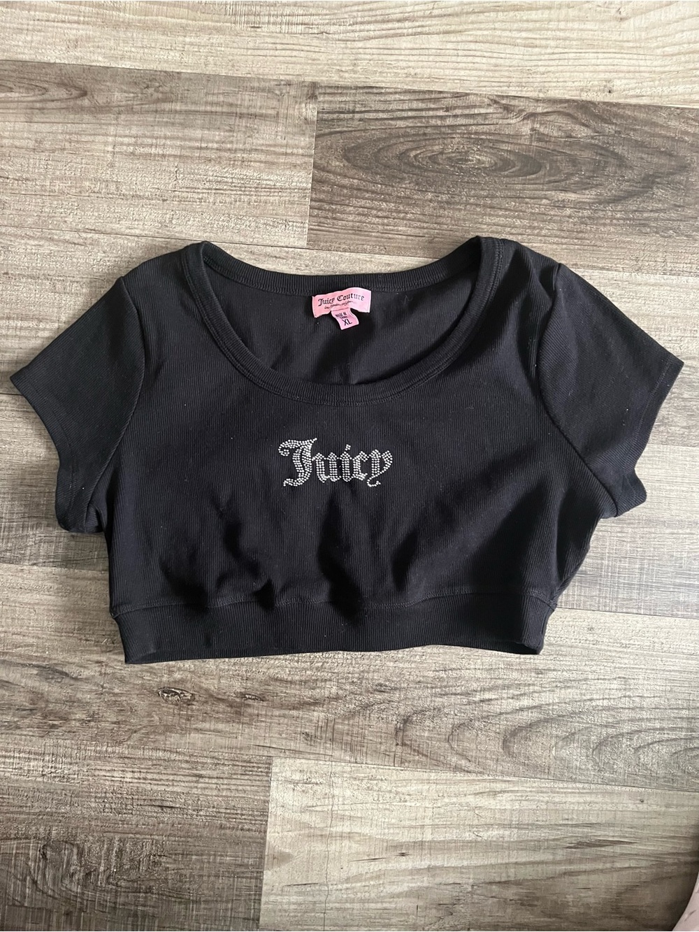Juicy Couture Black Cropped Tee with Crystal Script Logo